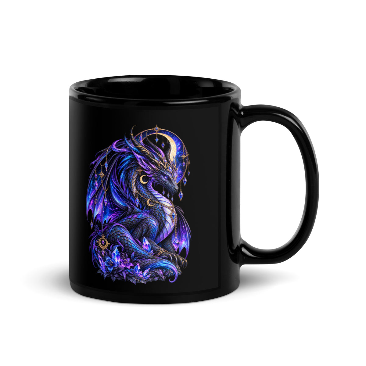 Kristall Drache – schwarze glänzende Keramiktasse, 11 oz, Motiv rechts vom Henkel