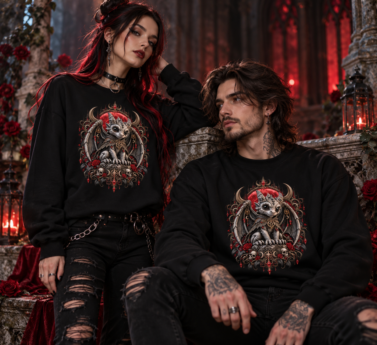 Gargoyle Gothic Sweatshirt – Tragebild mit Frau und Mann