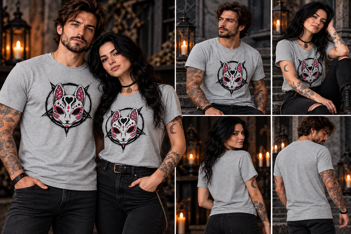 Graues Kitsune-T-Shirt – Mann und Frau, mehrere Trageansichten