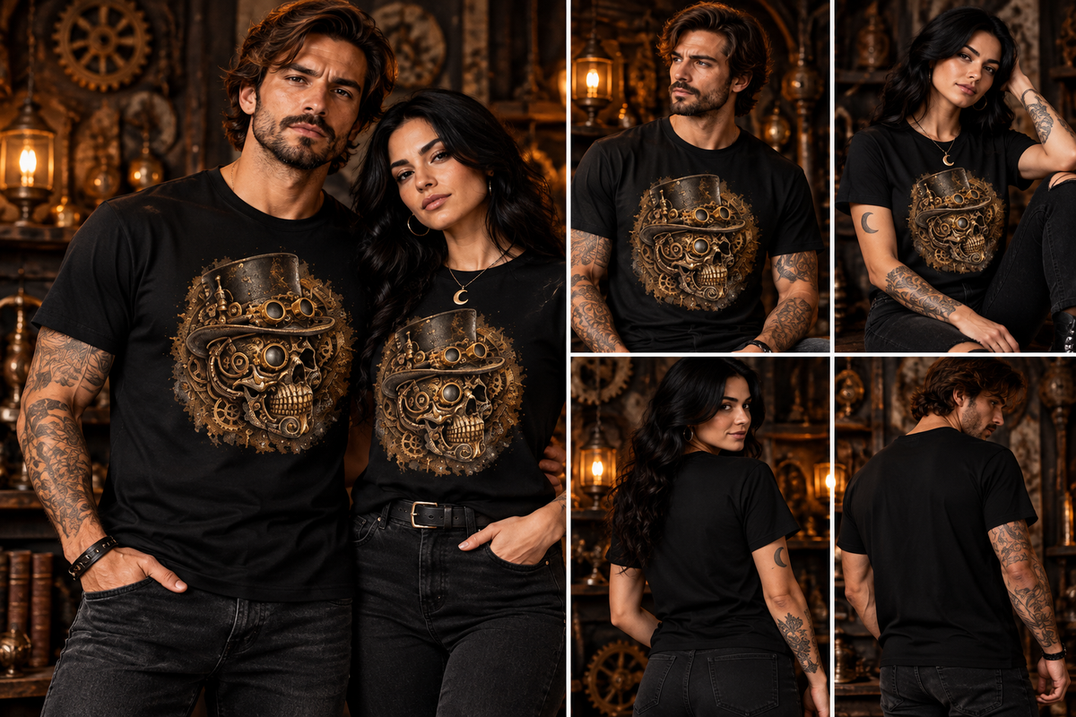 Steampunk-Schädel T-Shirt – Tragebilder mit Mann und Frau