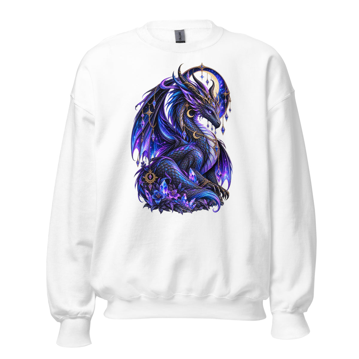 Kristall Drache Sweatshirt in Weiß – Vorderansicht, Dark-Fantasy-Drachenmotiv