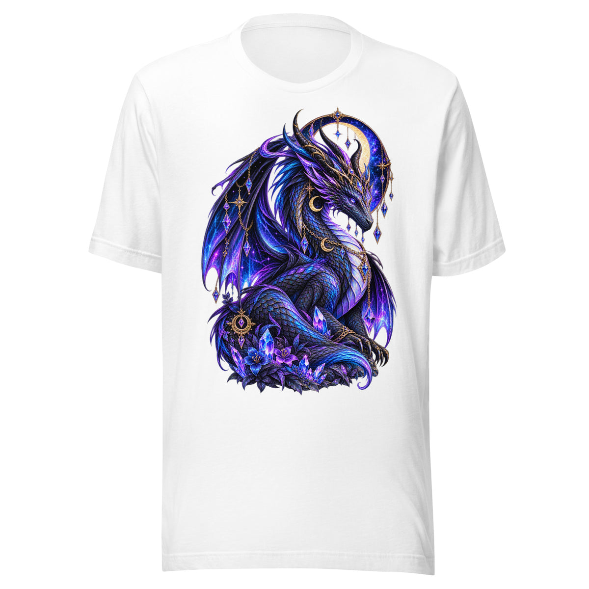 Kristall Drache T-Shirt in Weiß – Vorderansicht, Dark-Fantasy-Drachenmotiv