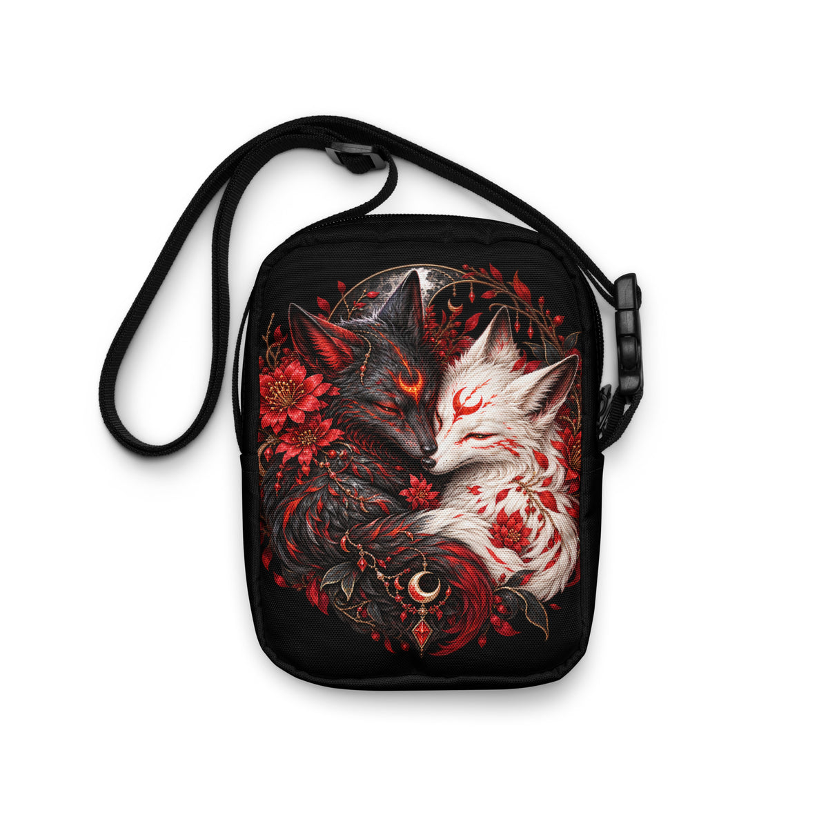 Schwarze Yin & Yang – Verbundene Fuchsseelen Crossbody Bag – Rückansicht 2