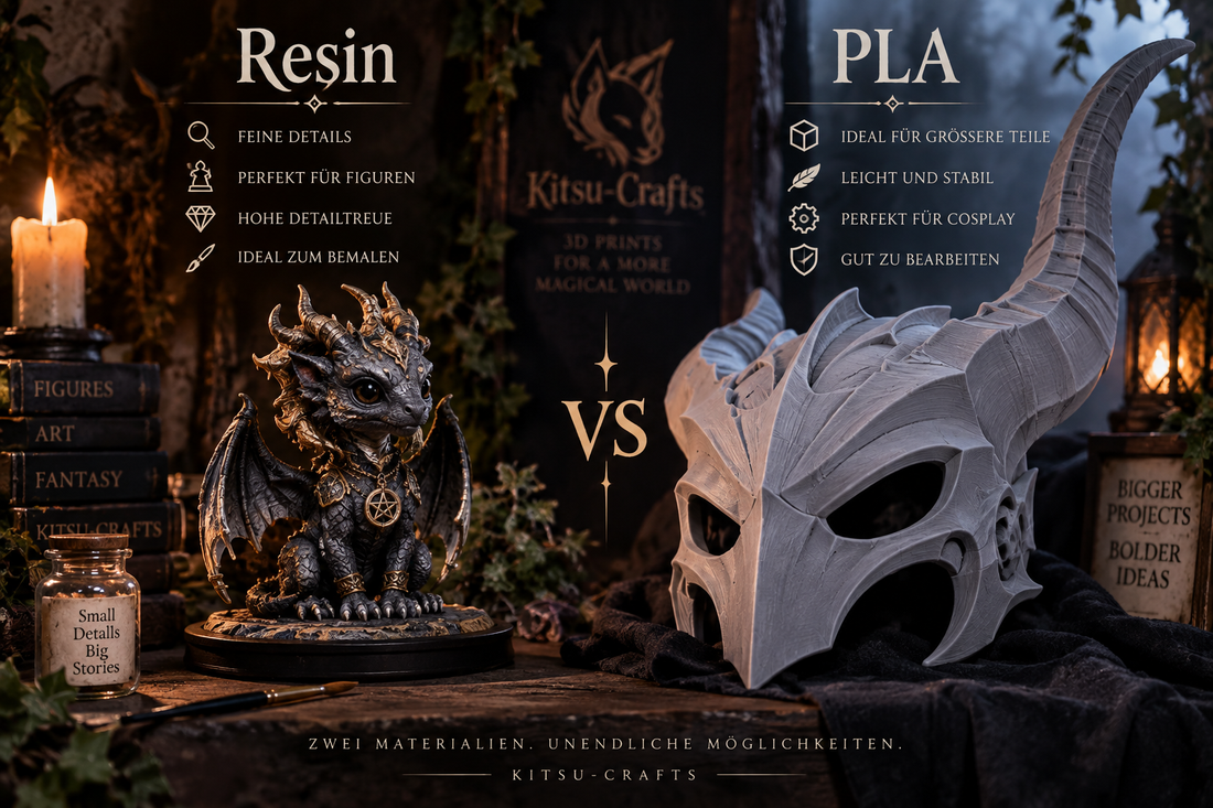Resin vs. PLA im 3D-Druck – Vergleich für Figuren und Cosplay von Kitsu-Crafts