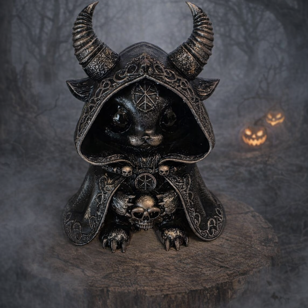 Handbemalte Babymoth Figur aus Kunstharz, 3D‑gedruckt, in dunklem gothic‑mystischen Stil; kleine Dekofigur mit Hörnern und Umhang, fotografiert auf einem Baumstumpf in einem nebligen Wald mit leuchtenden Kürbissen im Hintergrund.