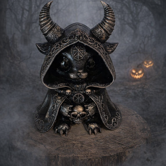 Handbemalte Babymoth Figur aus Kunstharz, 3D‑gedruckt, in dunklem gothic‑mystischen Stil; kleine Dekofigur mit Hörnern und Umhang, fotografiert auf einem Baumstumpf in einem nebligen Wald mit leuchtenden Kürbissen im Hintergrund.