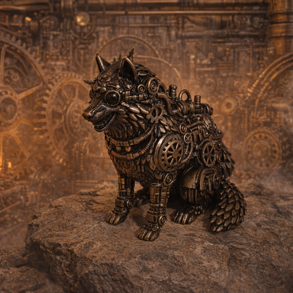 „Handbemalte Steampunk‑Wolf Figur aus Kunstharz mit mechanischen Zahnrädern und metallischen Details, 3D‑gedruckt, in warmen Bronze‑ und Kupfertönen auf dekorativer Basis.“