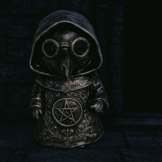 Handbemalte 3D-gedruckte Plague Doktor Figur aus schwarzem Kunstharz, ca. 10 cm groß, mit mystischem Pentagramm auf der Brust, detailliertem Umhang und Schnabelmaske – perfekte Gothic-Deko mit okkultem Flair.