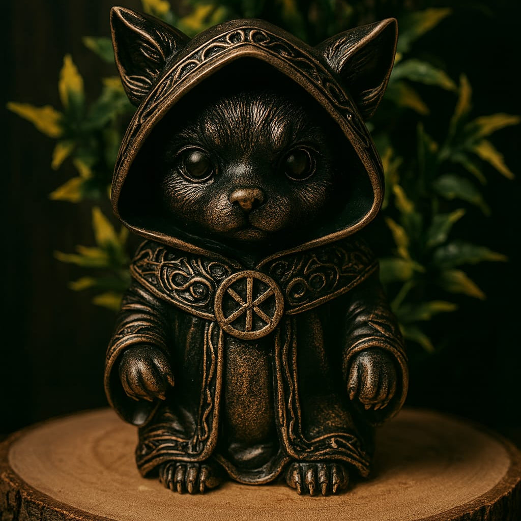 Handbemalte mystische Gothic‑Figur aus Kunstharz: kleine Katze in detailliertem, ornamentiertem Kapuzengewand auf Holzsockel, umgeben von grüner Deko‑Foliage.