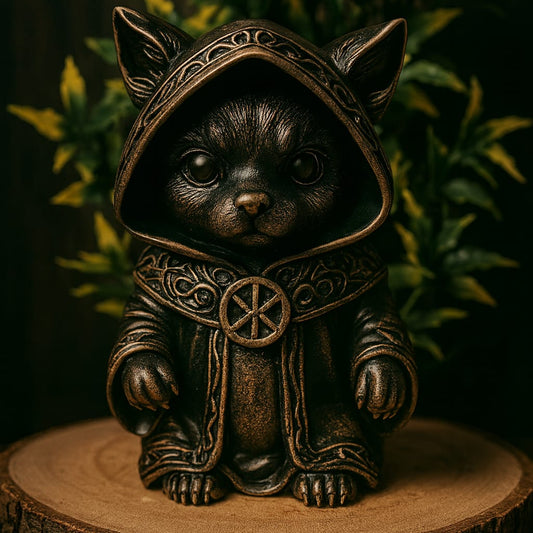 Handbemalte mystische Gothic‑Figur aus Kunstharz: kleine Katze in detailliertem, ornamentiertem Kapuzengewand auf Holzsockel, umgeben von grüner Deko‑Foliage.
