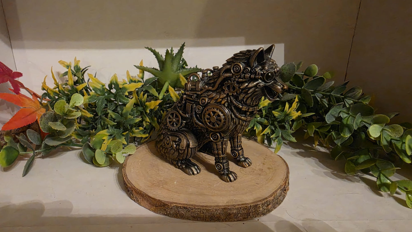 Steampunk Wolf Figurine - Hand-Painted Mystical Resin Decoration | Gothic Mechanic Wolf 10cm