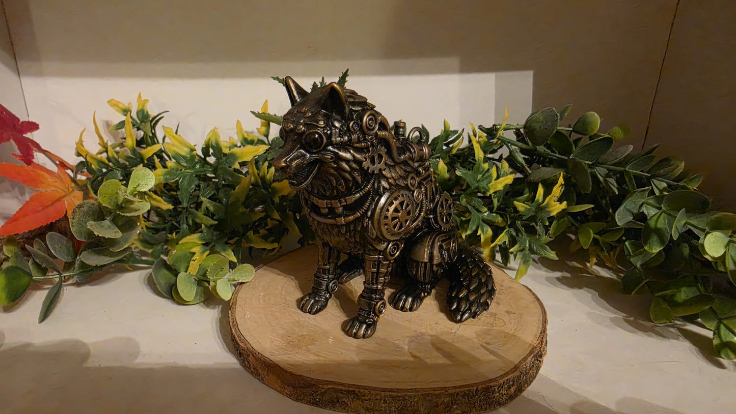 Steampunk Wolf Figurine - Hand-Painted Mystical Resin Decoration | Gothic Mechanic Wolf 10cm