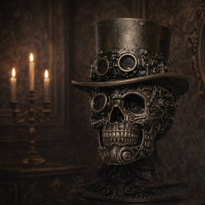 „Handbemalter 3D‑gedruckter Steampunk Schädel aus Kunstharz mit mechanischen Zahnrädern und viktorianischen Details, ca. 10 cm hoch, im mystischen Gothic‑Stil.“