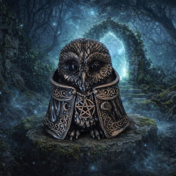 „Handbemalte mystische Gothic Eulen Figur aus Kunstharz, 10 cm hoch, auf moosbedecktem Stein in magischer Waldszene.“