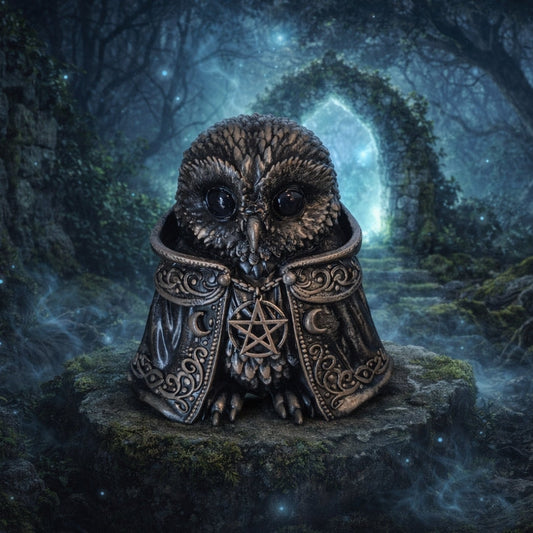 „Handbemalte mystische Gothic Eulen Figur aus Kunstharz, 10 cm hoch, auf moosbedecktem Stein in magischer Waldszene.“