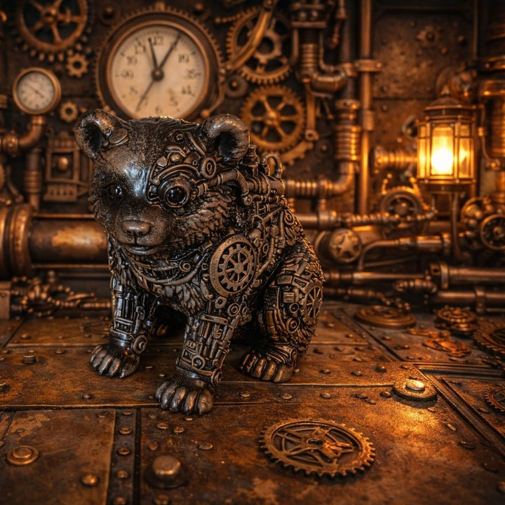 Handbemalte 3D‑gedruckte Steampunk Baby Bären Figur aus Kunstharz, ca. 10 cm hoch, mit mystischen metallischen Details als dekoratives Sammlerstück.