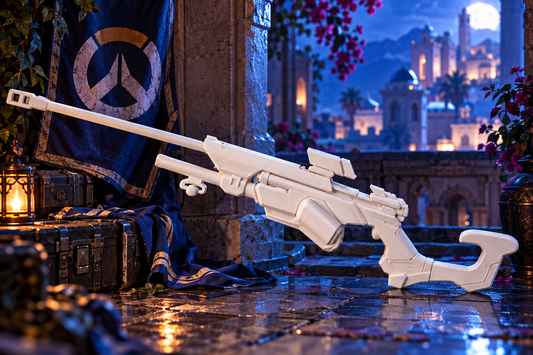 Ana Gewehr Overwatch Cosplay-Replik aus PLA vor dunkler blau-goldener Sci-Fi-Kulisse