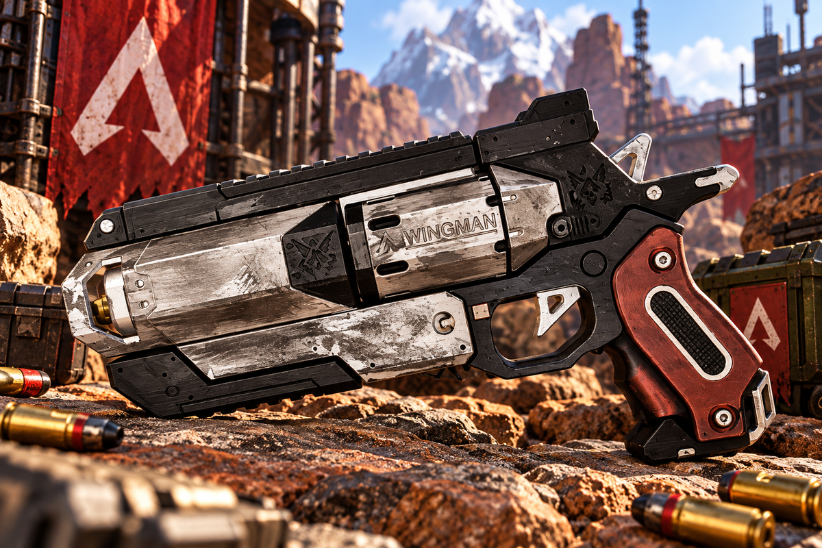 Apex Legends Wingman Cosplay-Replik aus PLA vor rauer futuristischer Canyon-Kulisse