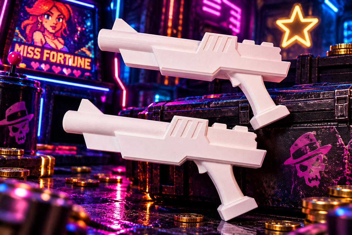 Arcade Miss Fortune Guns Cosplay-Repliken aus PLA vor neonfarbener Arcade-Kulisse