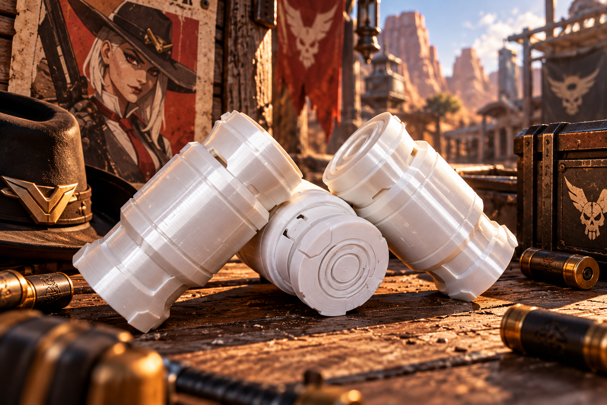 Ashe Granaten-Set Overwatch Cosplay-Requisiten aus PLA vor westernartiger Sci-Fi-Kulisse