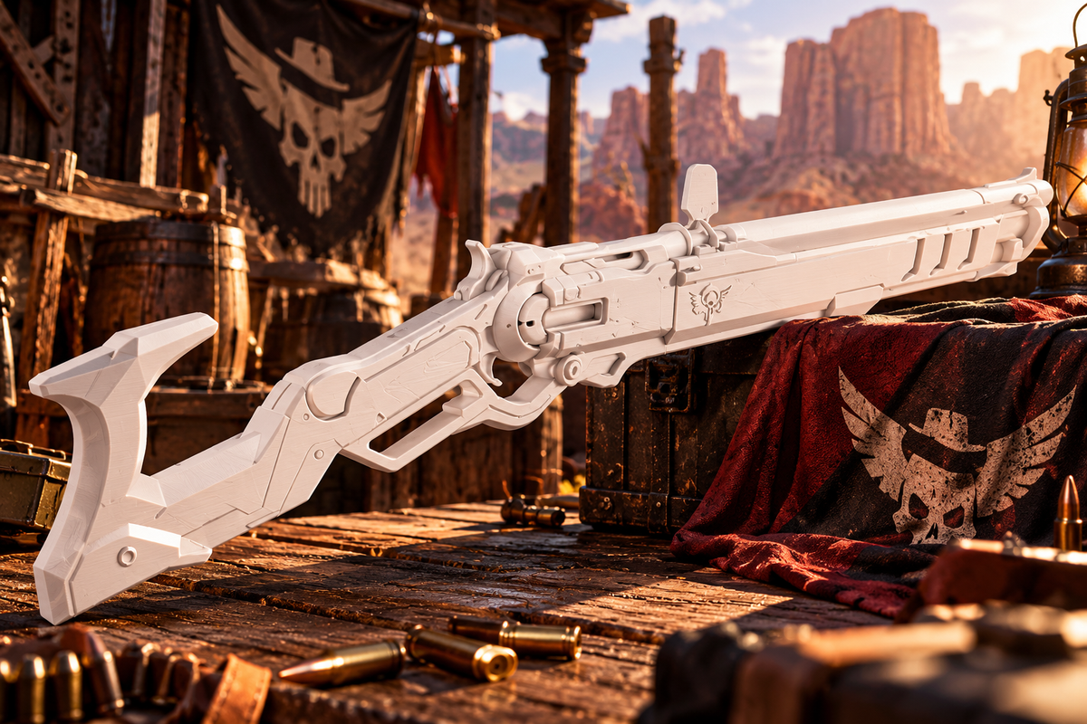 Ashe Viper Rifle Overwatch Cosplay-Replik aus PLA vor westernartiger Wüstenkulisse
