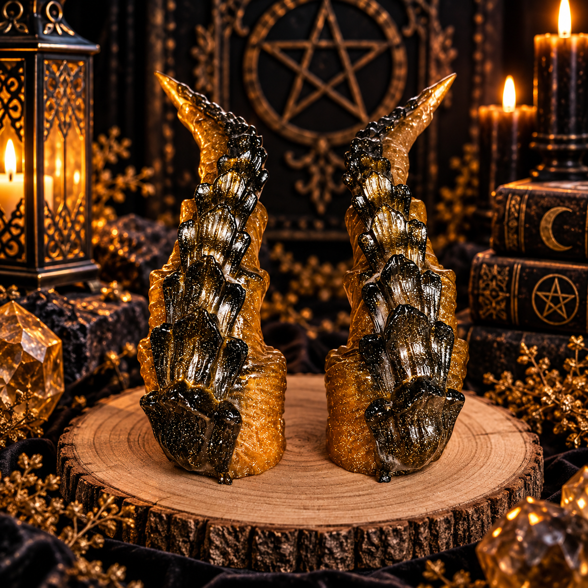 Auragon Goldglitzer Schuppen-Hörner aus Resin vor dunkler goldener Fantasy-Kulisse