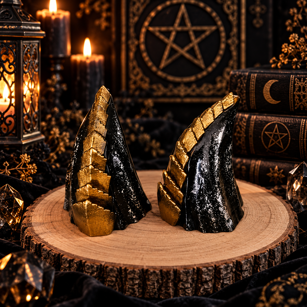 Aurevia schwarz-goldene handbemalte Cosplay-Hörner aus PLA vor dunkler mystischer Fantasy-Kulisse