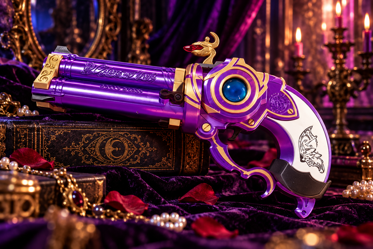 Bayonetta Color the World Cosplay-Replik in Lila und Gold vor luxuriöser gothic Fantasy-Kulisse
