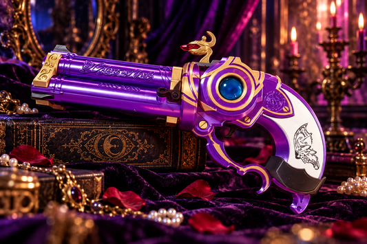 Bayonetta Color the World Cosplay-Replik in Lila und Gold vor luxuriöser gothic Fantasy-Kulisse