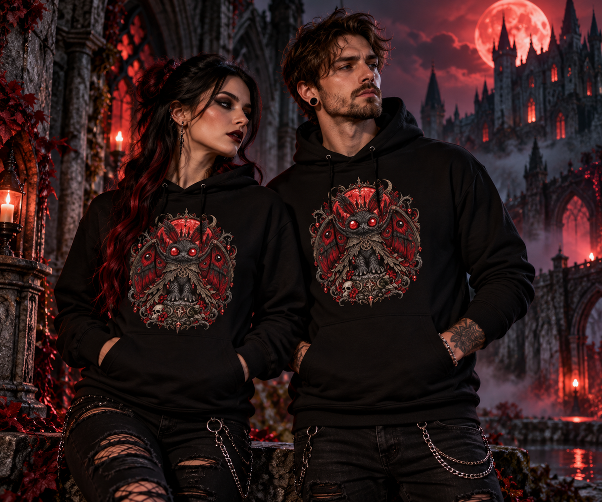 Mann und Frau tragen schwarze Bloodmoth Hoodies vor einer gotischen Burg