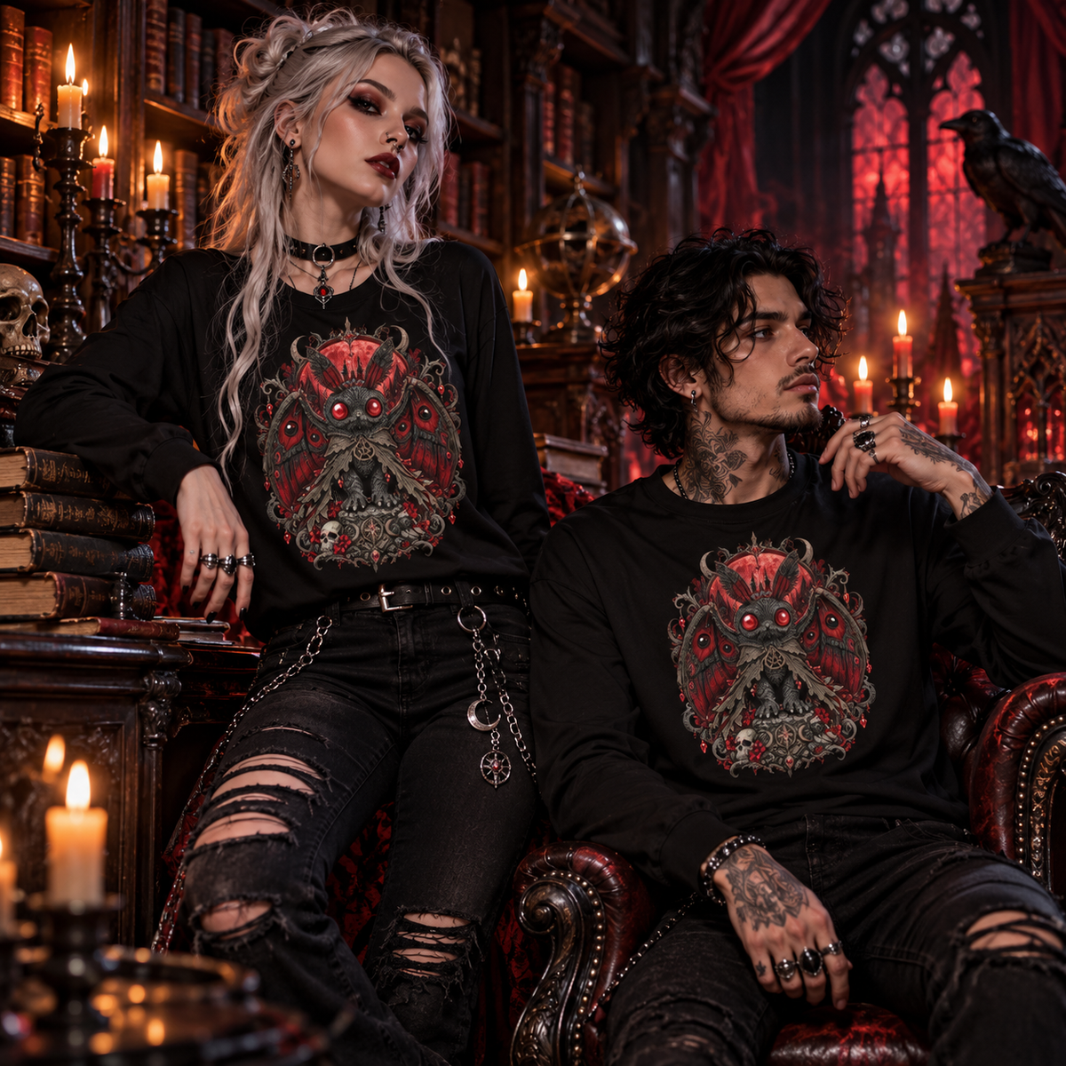 Frau und Mann tragen schwarze Bloodmoth Long Sleeves in einer viktorianischen Bibliothek