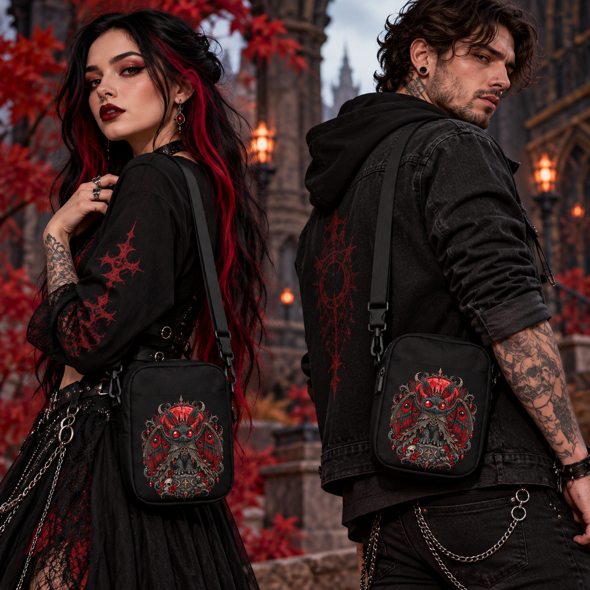 Bloodmoth – schwarze Crossbody Bag, Gothic-Tragebild mit Mann und Frau