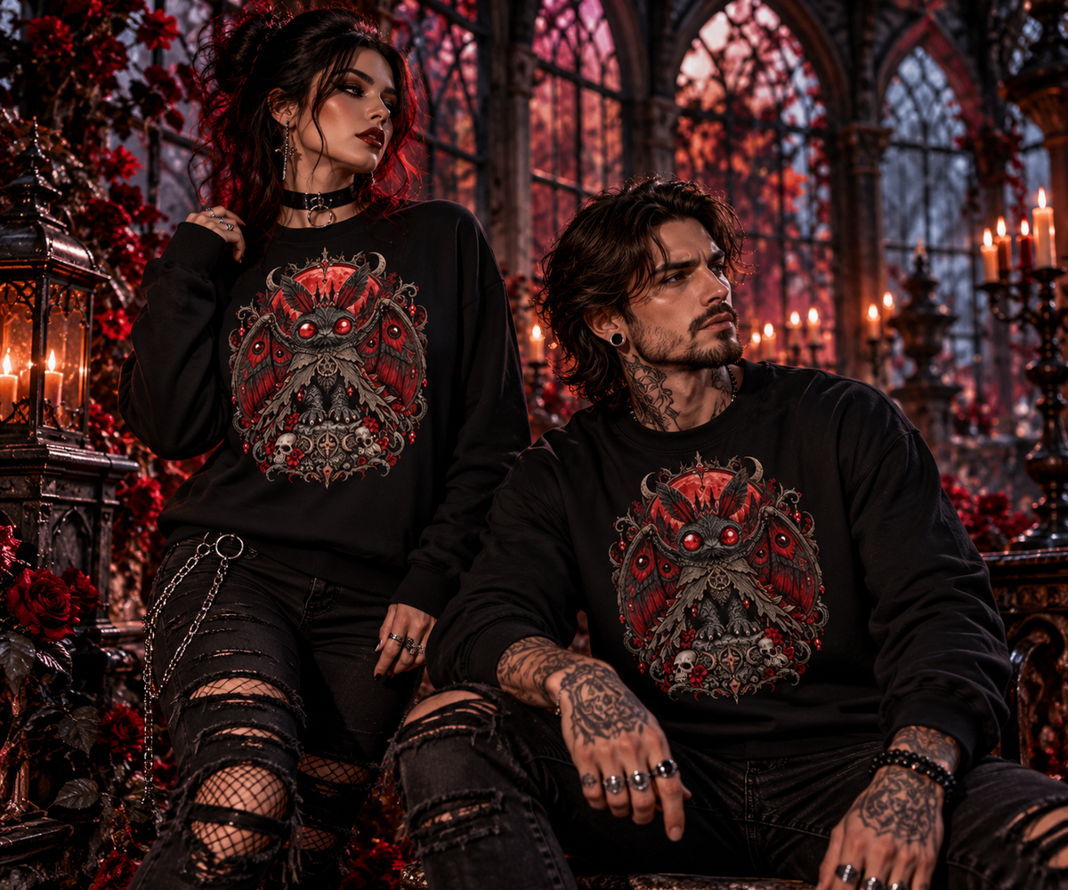 Mann und Frau in schwarzen Bloodmoth Sweatshirts mit rotem Mottenmotiv in viktorianischer Orangerie