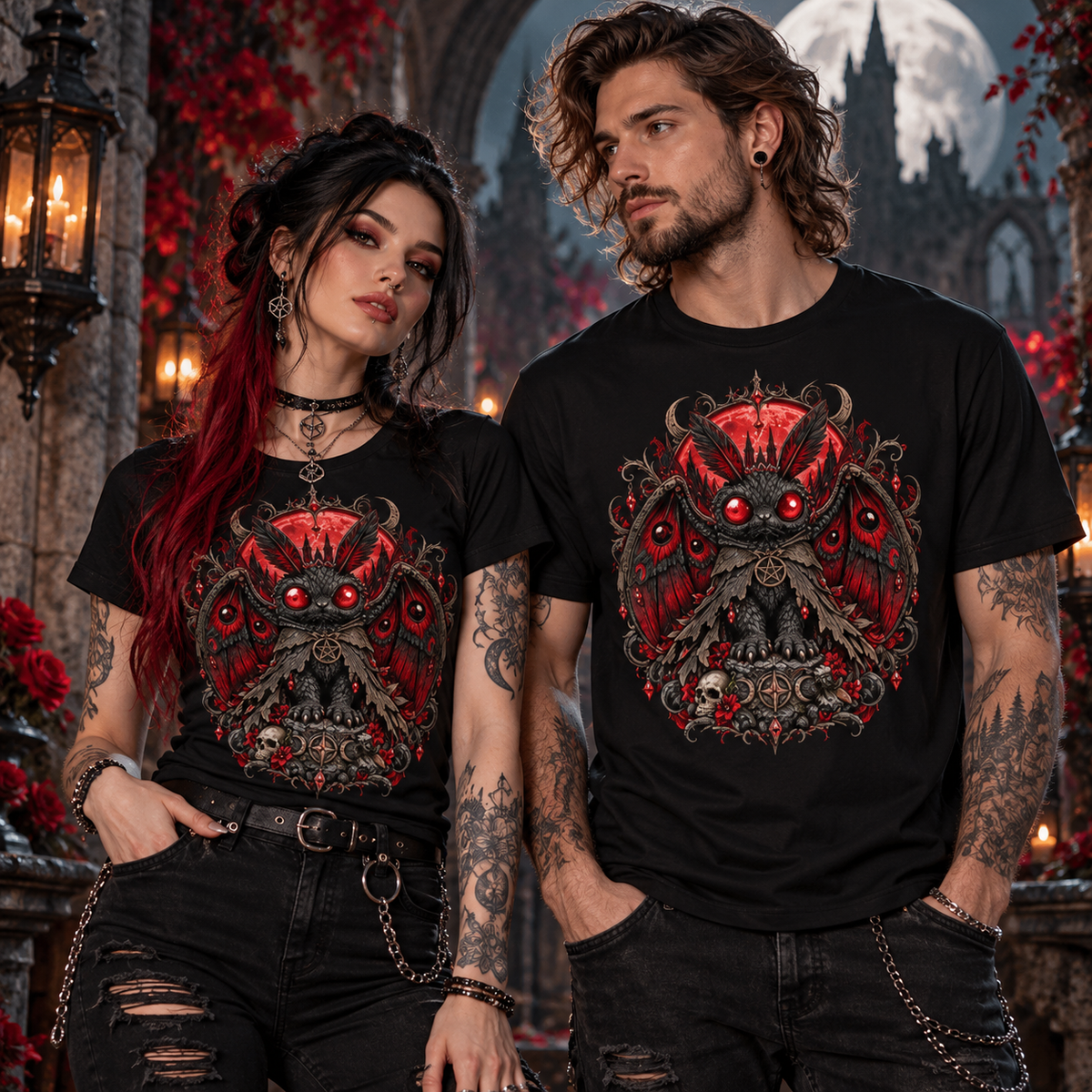 Bloodmoth T-Shirt getragen von Frau und Mann vor gotischer Kulisse