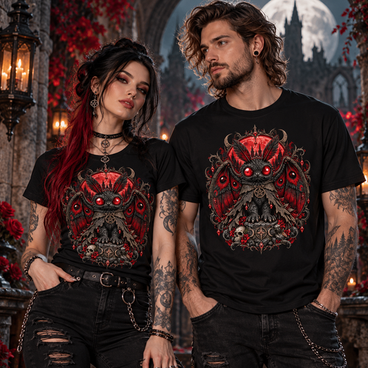 Bloodmoth T-Shirt getragen von Frau und Mann vor gotischer Kulisse