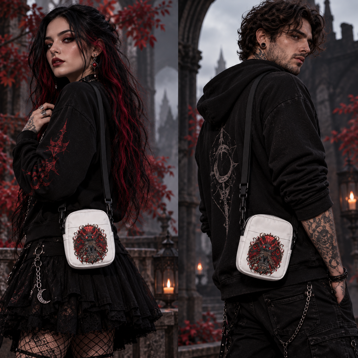 Bloodmoth – weiße Crossbody Bag, Tragebild mit Frau und Mann in gotischer Kulisse