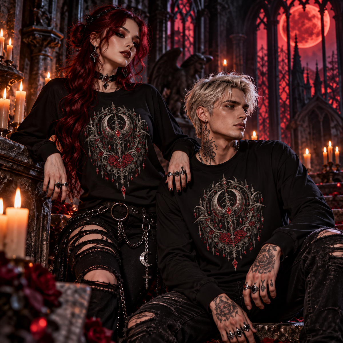 Frau und Mann tragen Blutmond Long Sleeves in einer gotischen Kathedrale