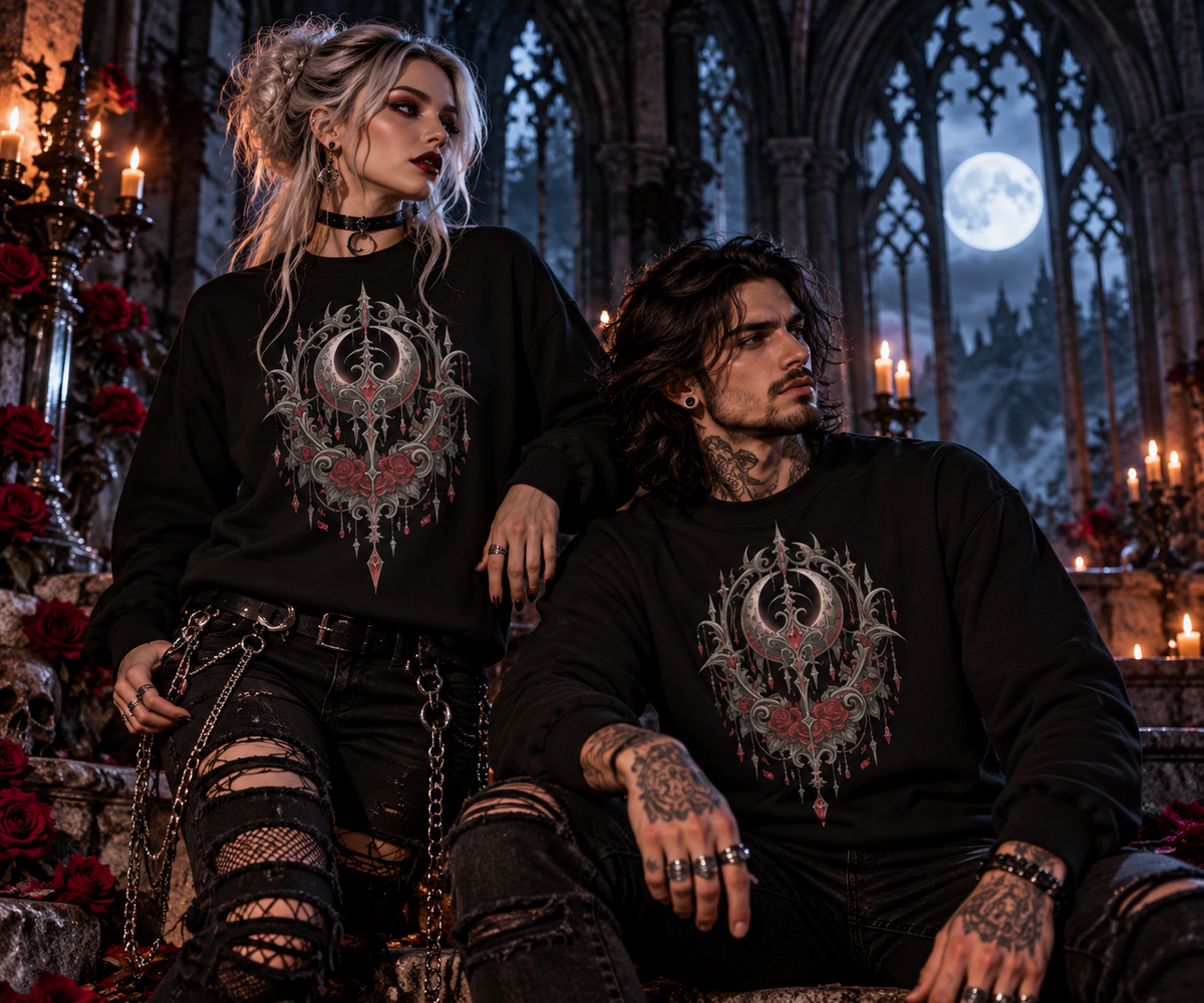 Mann und Frau in schwarzen Blutmond Sweatshirts mit Gothic-Ornamenten vor einer Kathedrale
