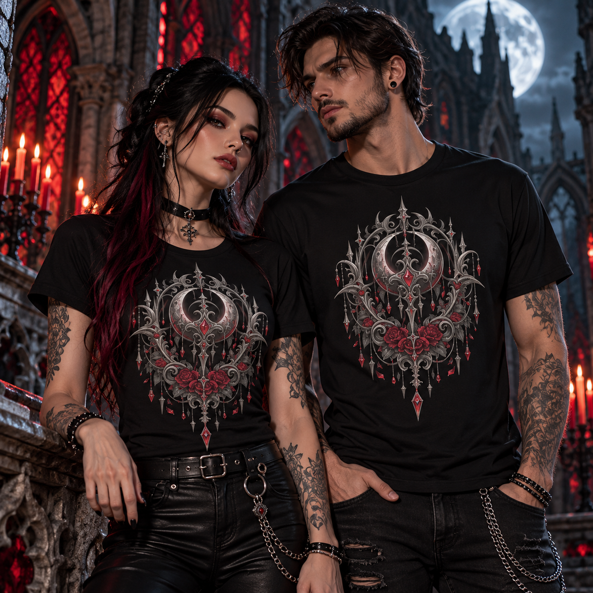 Blutmond Gothic T-Shirt mit Rosen und Ornamenten, getragen von Frau und Mann vor gotischer Kathedrale