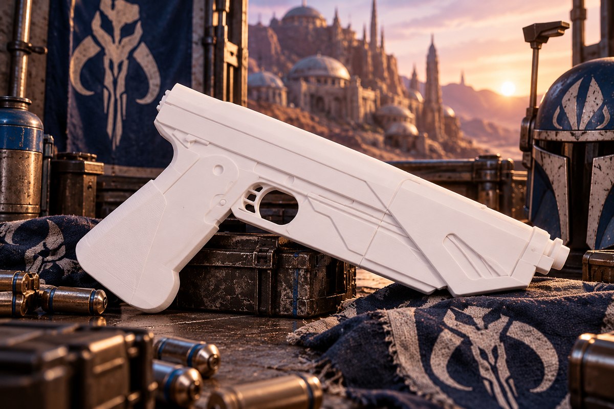 Bo-Katan Blaster Cosplay-Replik aus weißem PLA vor mandalorianischer Sci-Fi-Kulisse