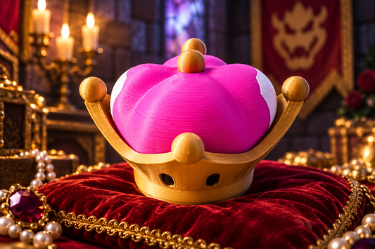 Bowsette Krone als 3D-gedrucktes Cosplay-Accessoire aus PLA vor königlicher Fantasy-Kulisse
