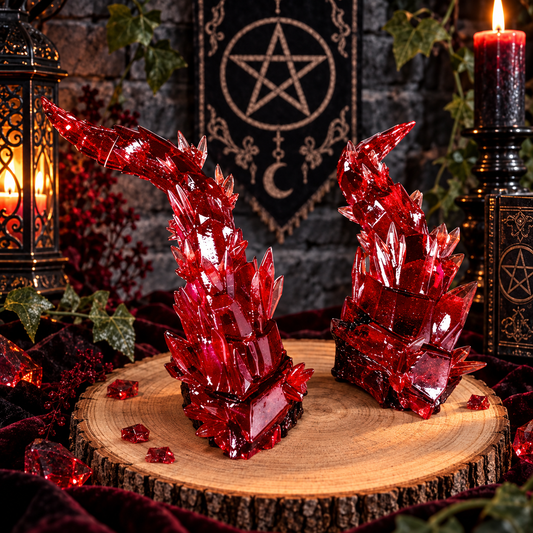 Crystara rote Kristall-Dämonenhörner aus Resin vor dunkler mystischer Fantasy-Kulisse