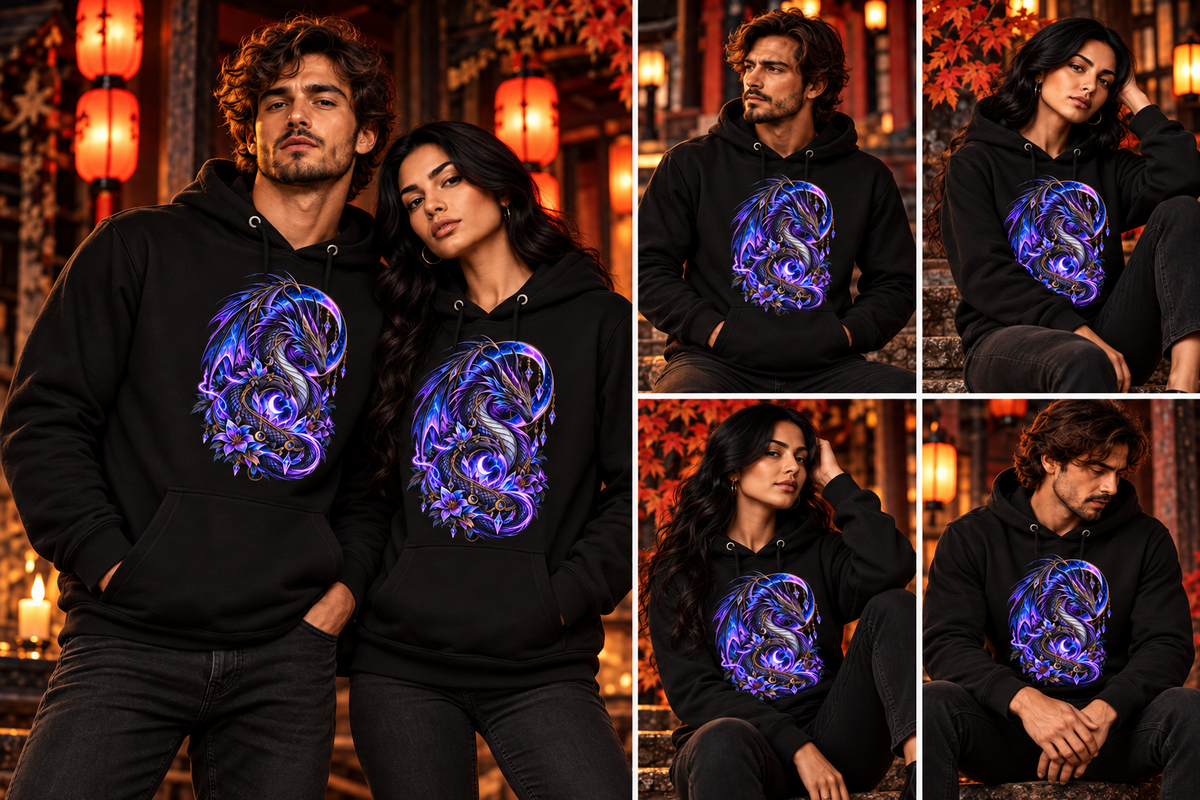 Drachenmond Hoodie – Tragebild Mann und Frau