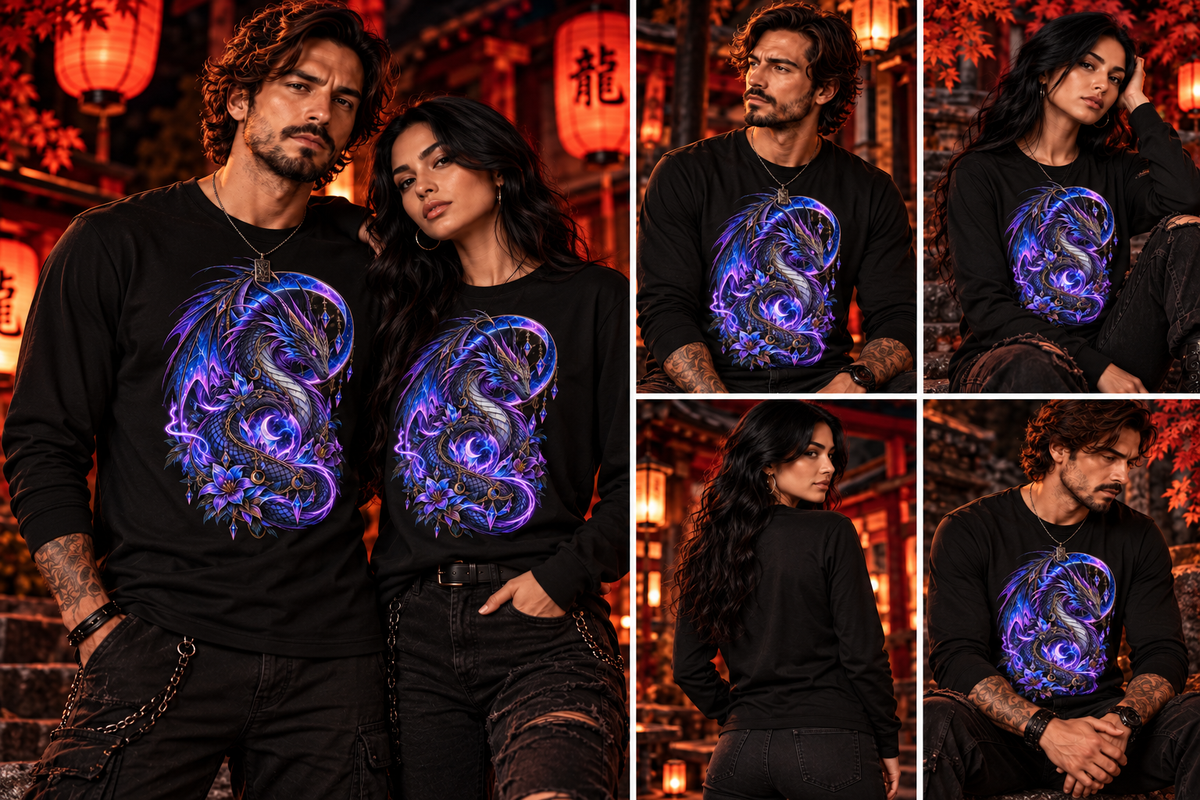 Drachenmond Long Sleeve – Mann und Frau im japanischen Dark-Fantasy-Tragebild