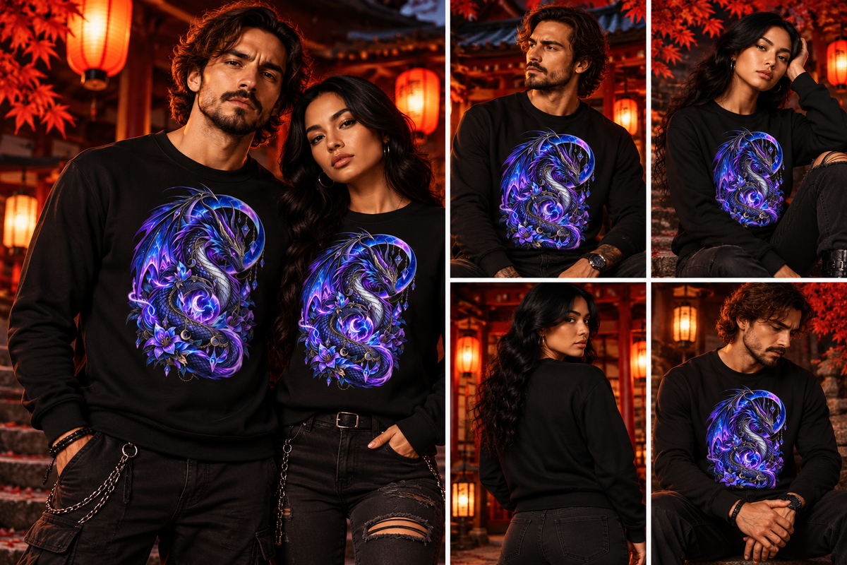 Drachenmond Sweatshirt – Mann und Frau in japanischer Dark-Fantasy-Fotocollage