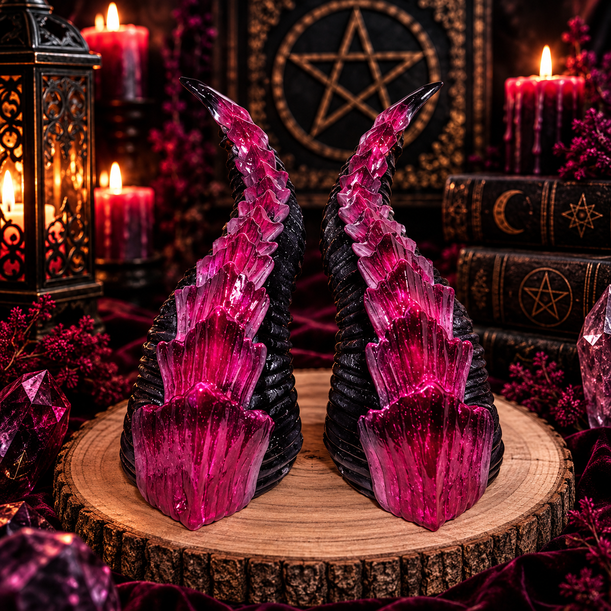 Drakyn handbemalte Drachen-Schuppen-Hörner aus Resin vor dunkler magenta-schwarzer Fantasy-Kulisse