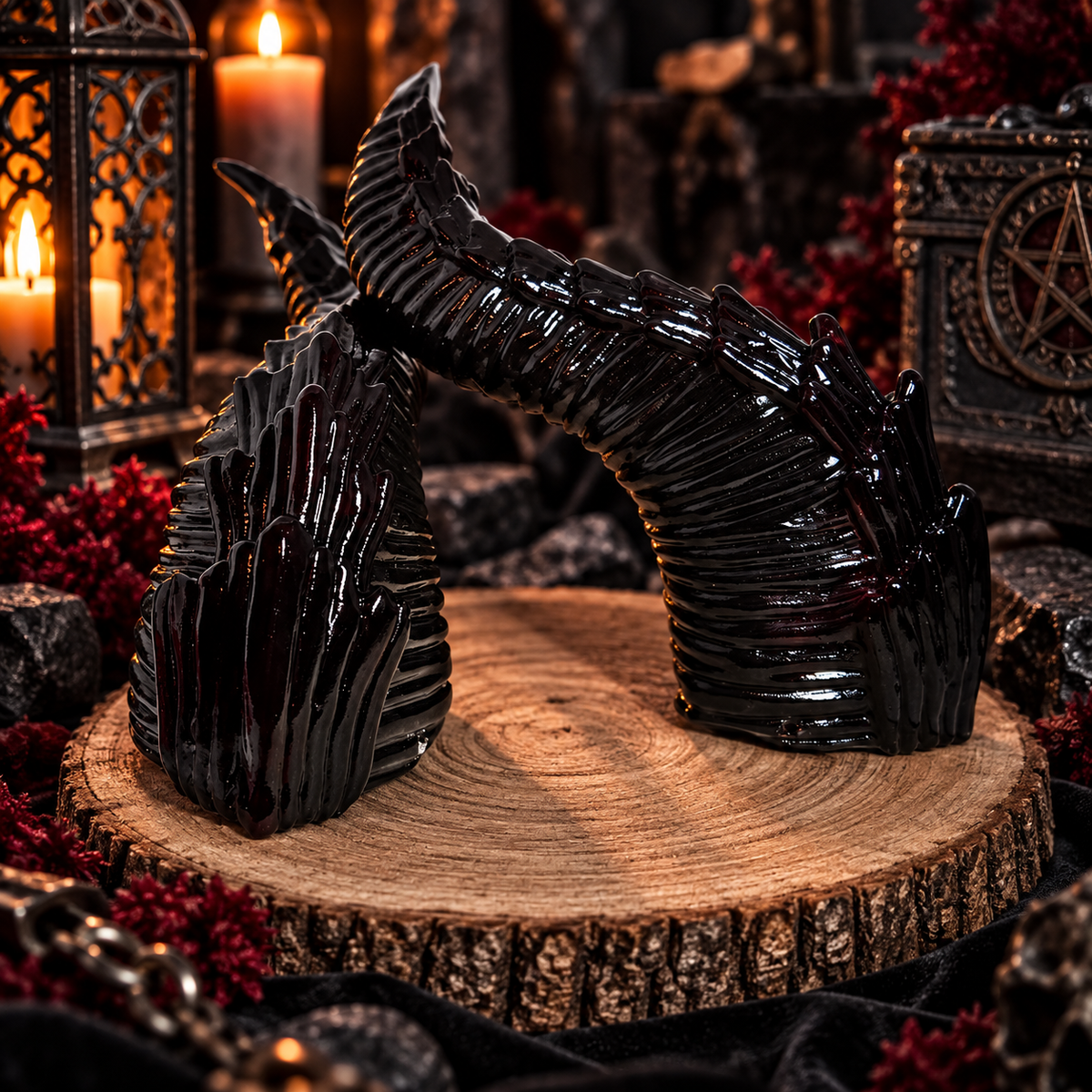 Dravik schwarz-rote Schuppen-Hörner aus Resin vor dunkler gothic Fantasy-Kulisse