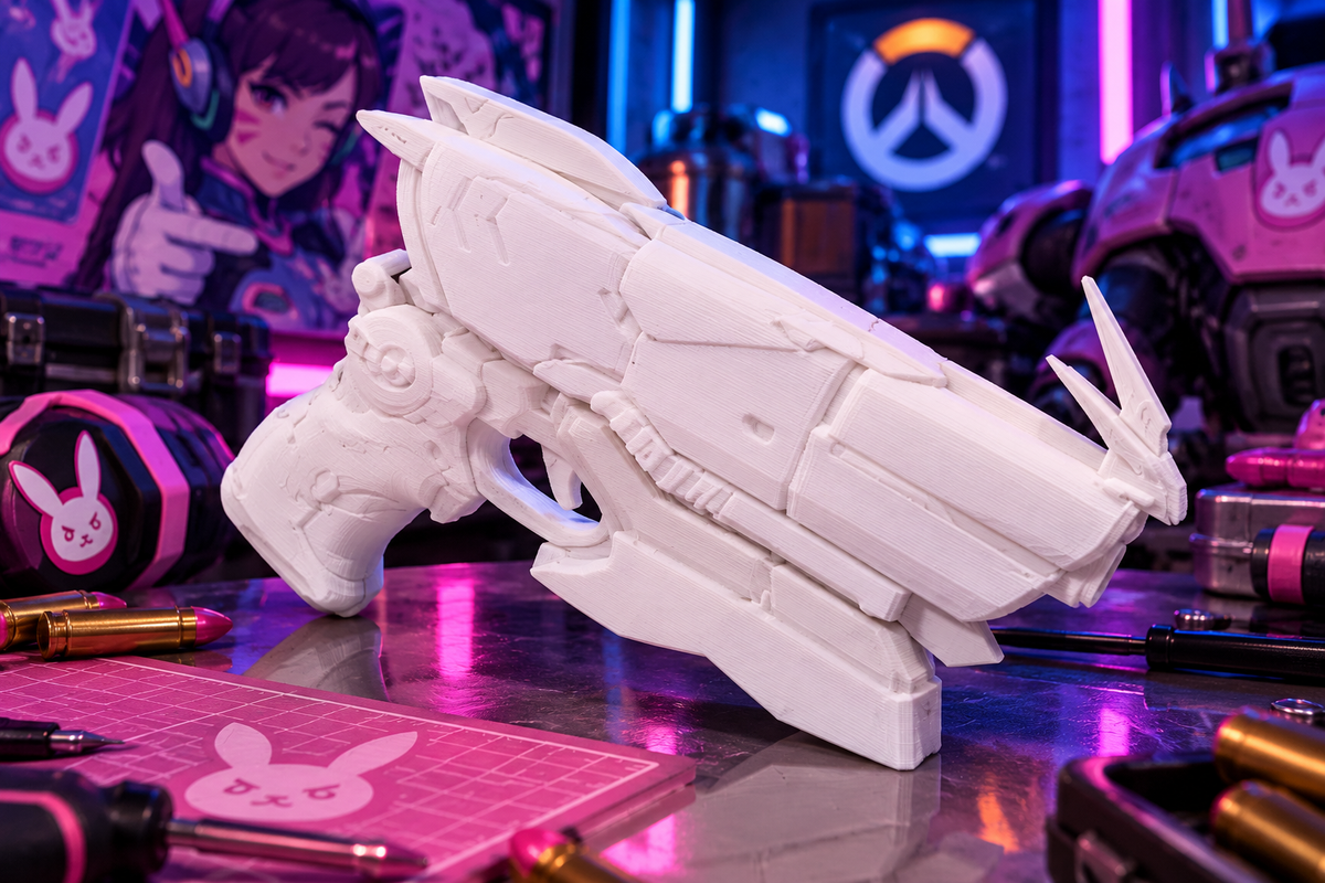 D.Va Cruiser Skin Overwatch Cosplay-Replik aus weißem PLA vor pink-blauer futuristischer Sci-Fi-Kulisse