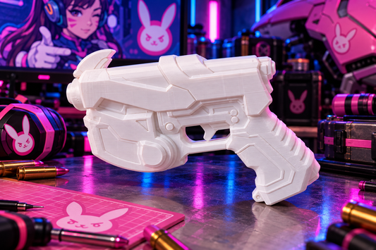 D.Va Waveracer Overwatch Cosplay-Replik aus weißem PLA vor pink-blauer futuristischer Sci-Fi-Kulisse