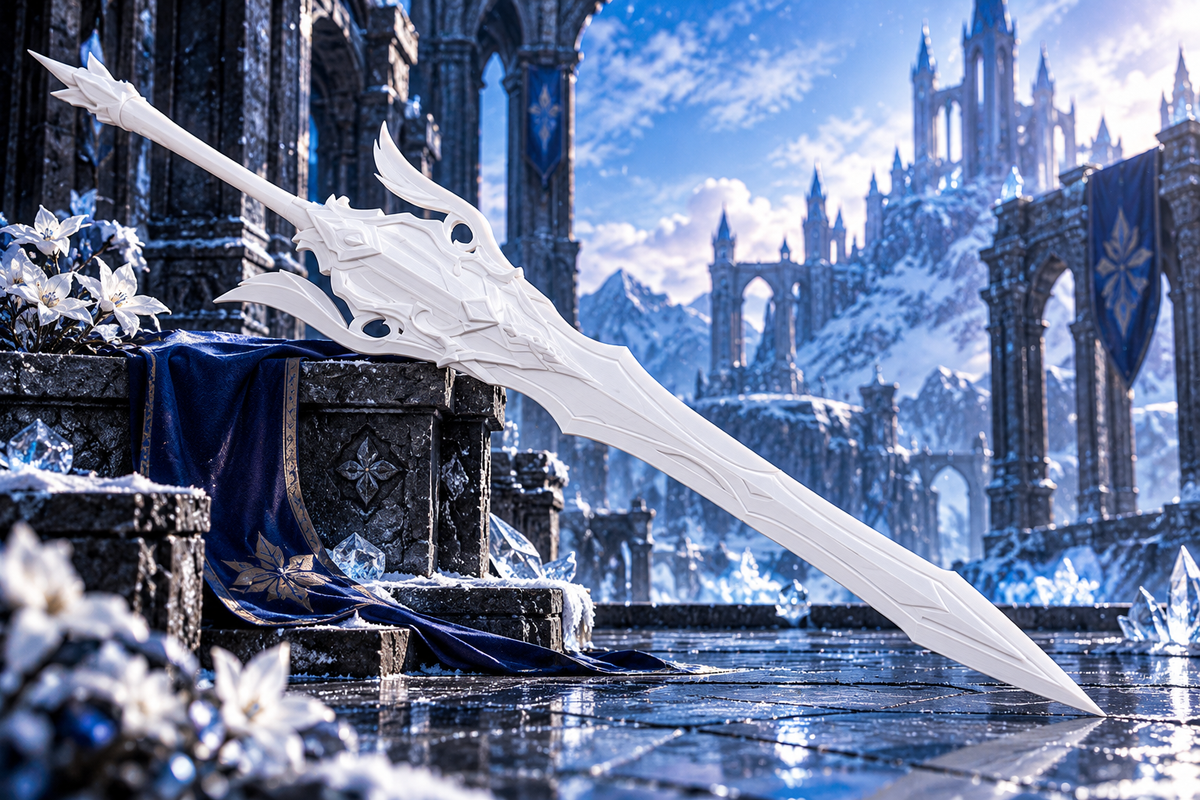 Eula Schwert Genshin Cosplay-Replik aus weißem PLA vor eisiger blauer Fantasy-Ruinenkulisse